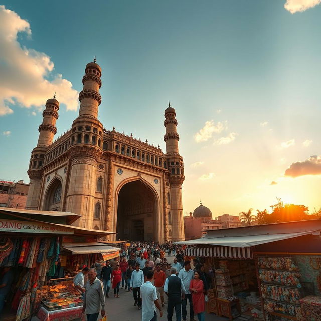 A stunning view of the Charminar, an iconic monument in Hyderabad, India, showcasing its beautiful Indo-Islamic architecture with intricate designs