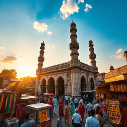 A stunning view of the Charminar, an iconic monument in Hyderabad, India, showcasing its beautiful Indo-Islamic architecture with intricate designs