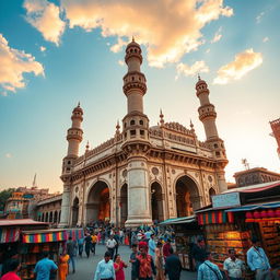 A stunning view of the Charminar, an iconic monument in Hyderabad, India, showcasing its beautiful Indo-Islamic architecture with intricate designs