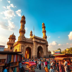A stunning view of the Charminar, an iconic monument in Hyderabad, India, showcasing its beautiful Indo-Islamic architecture with intricate designs