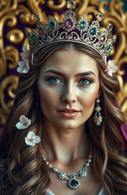 A close-up portrait of an elegant queen radiating grace and power, with a crown adorned with important gemstones