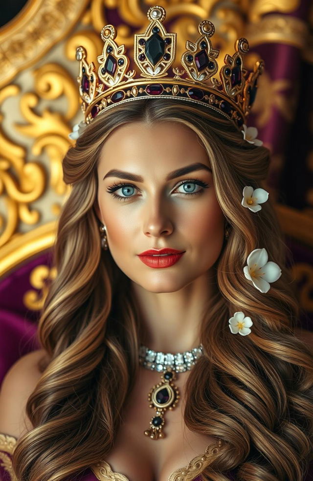 A close-up portrait of an elegant queen radiating grace and power, with a crown adorned with important gemstones