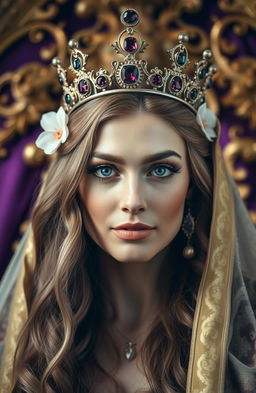 A close-up portrait of an elegant queen radiating grace and power, with a crown adorned with important gemstones