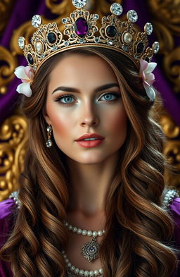 A close-up portrait of an elegant queen radiating grace and power, with a crown adorned with important gemstones