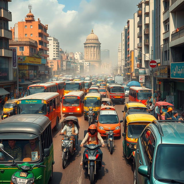 A realistic and highly detailed street scene in Karachi depicting the transportation problems faced in the city