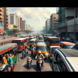 A realistic and highly detailed street scene in Karachi depicting the transportation problems faced in the city