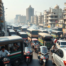 A realistic and highly detailed street scene in Karachi depicting the transportation problems faced in the city