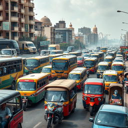 A realistic and highly detailed street scene in Karachi depicting the transportation problems faced in the city