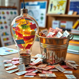 An engaging and educational scene showcasing a vibrant glass light bulb filled with colorful facts and figures, accompanied by a shiny metal bucket that is overflowing with similar facts scattered around it