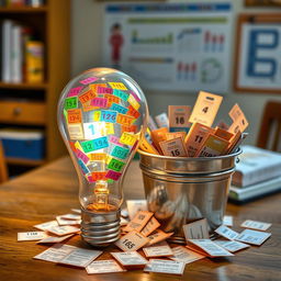 An engaging and educational scene showcasing a vibrant glass light bulb filled with colorful facts and figures, accompanied by a shiny metal bucket that is overflowing with similar facts scattered around it