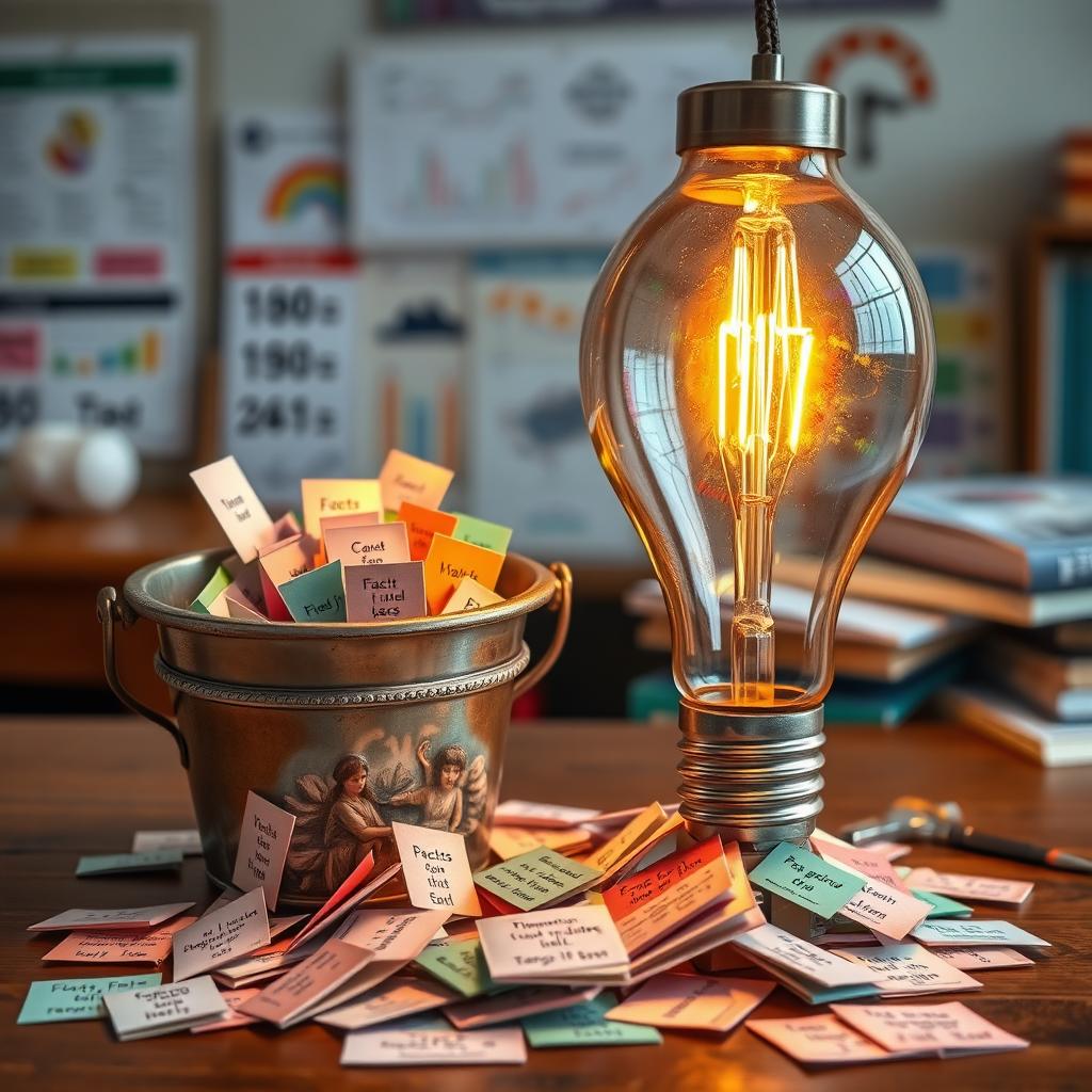 An engaging and educational scene showcasing a vibrant glass light bulb filled with colorful facts and figures, accompanied by a shiny metal bucket that is overflowing with similar facts scattered around it