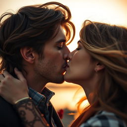 A close-up of two people sharing a passionate lip kiss, set against a romantic, softly blurred background