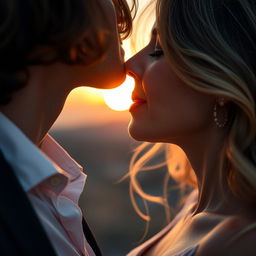 A close-up of two people sharing a passionate lip kiss, set against a romantic, softly blurred background
