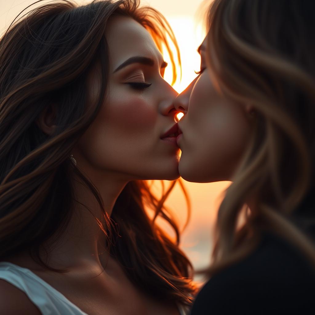 A close-up of two people sharing a passionate lip kiss, set against a romantic, softly blurred background