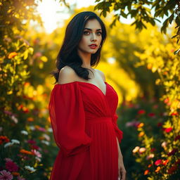 An elegant woman standing in a lush garden, wearing a flowing red dress that billows softly in the breeze