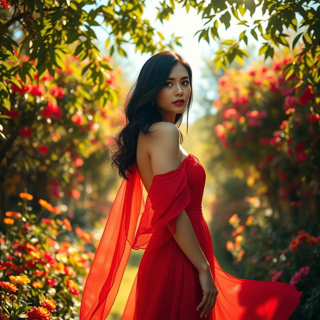 An elegant woman standing in a lush garden, wearing a flowing red dress that billows softly in the breeze