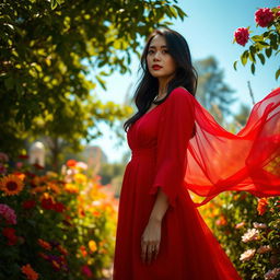 An elegant woman standing in a lush garden, wearing a flowing red dress that billows softly in the breeze