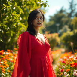An elegant woman standing in a lush garden, wearing a flowing red dress that billows softly in the breeze