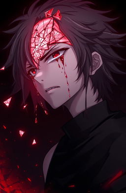 An anime character with striking features, visibly emotional, crying tears of blood