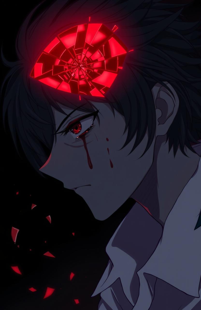 An anime character with striking features, visibly emotional, crying tears of blood