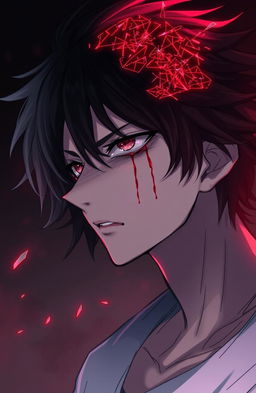 An anime character with striking features, visibly emotional, crying tears of blood