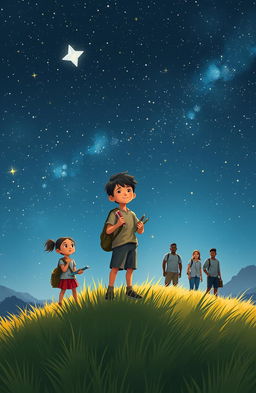 A heartfelt scene depicting Dwi Cahyo, a young aspiring architect, standing on a grassy hill under a starry night sky filled with twinkling stars