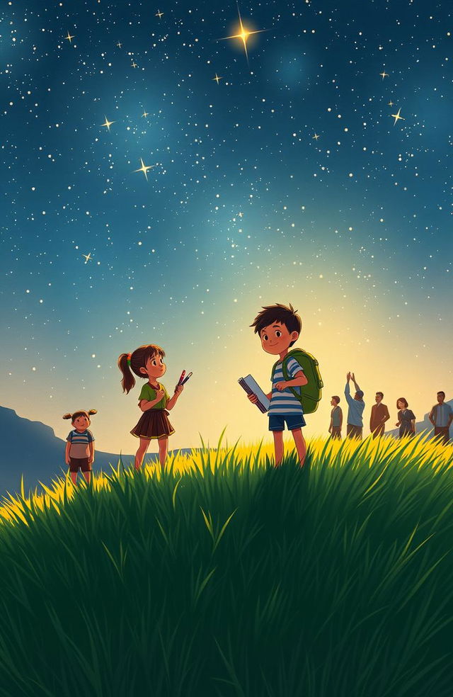 A heartfelt scene depicting Dwi Cahyo, a young aspiring architect, standing on a grassy hill under a starry night sky filled with twinkling stars