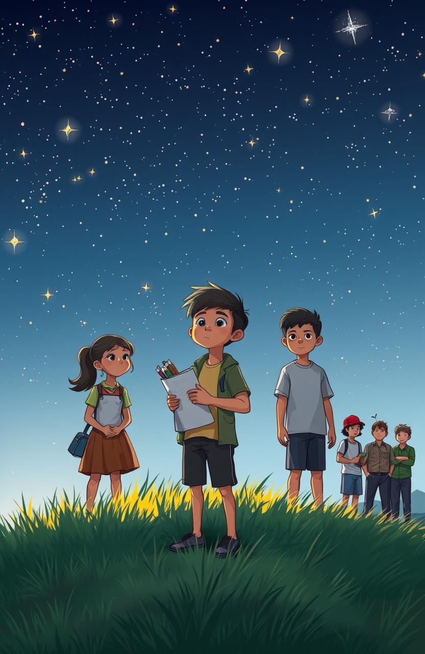 A heartfelt scene depicting Dwi Cahyo, a young aspiring architect, standing on a grassy hill under a starry night sky filled with twinkling stars