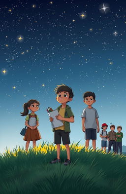 A heartfelt scene depicting Dwi Cahyo, a young aspiring architect, standing on a grassy hill under a starry night sky filled with twinkling stars