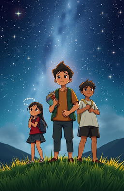 A heartfelt scene depicting Dwi Cahyo, a young aspiring architect, standing on a grassy hill under a starry night sky filled with twinkling stars