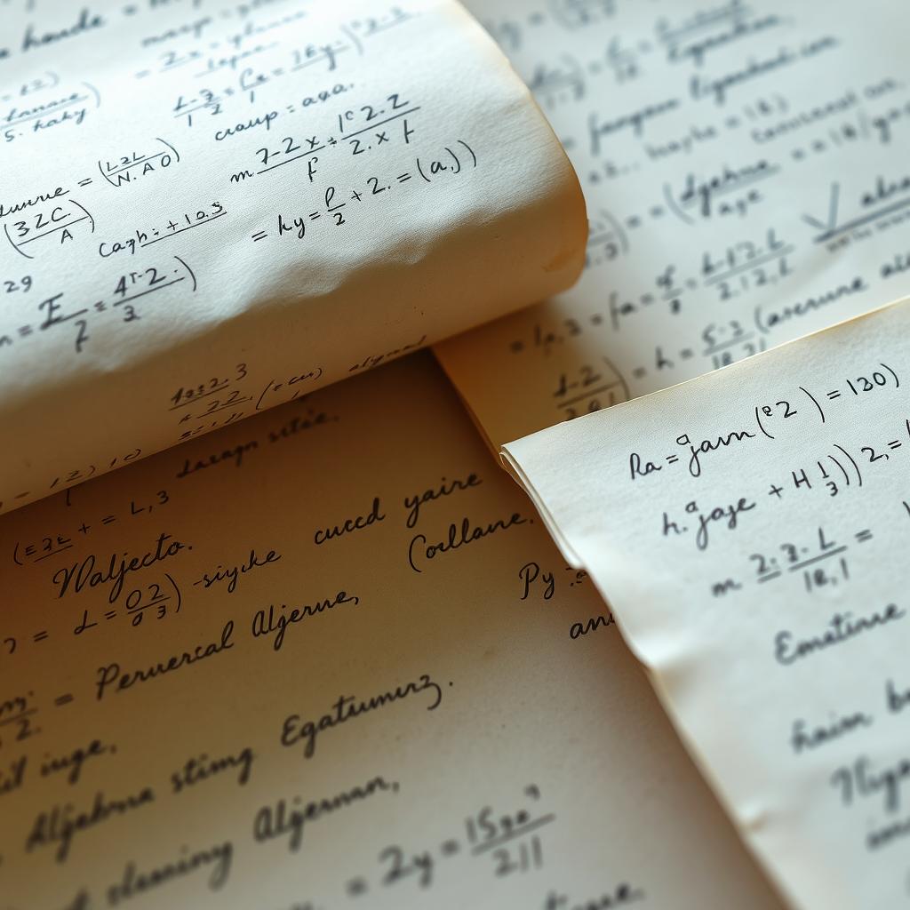 A detailed close-up of mathematical equations and handwritten notes showcasing various handwritten styles, including cursive and print, with different ink colors, on aged paper