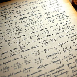 A detailed close-up of mathematical equations and handwritten notes showcasing various handwritten styles, including cursive and print, with different ink colors, on aged paper