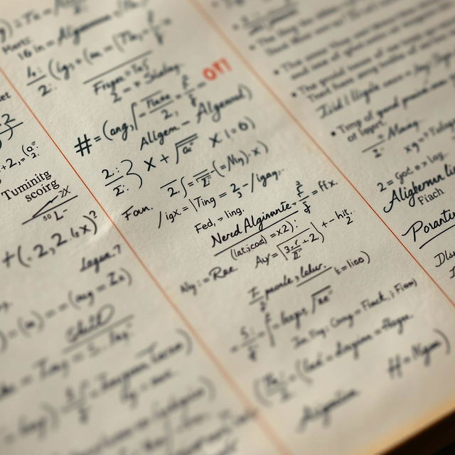 A detailed close-up of mathematical equations and handwritten notes showcasing various handwritten styles, including cursive and print, with different ink colors, on aged paper