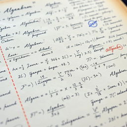 A detailed close-up of mathematical equations and handwritten notes showcasing various handwritten styles, including cursive and print, with different ink colors, on aged paper