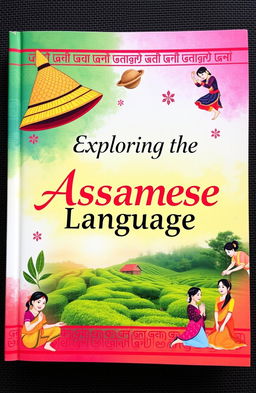A colorful cover design for a book about the Assamese language, featuring traditional Assamese motifs like the Jaapi (traditional hat), Sattriya dance, and Assam's lush tea gardens