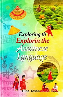 A colorful cover design for a book about the Assamese language, featuring traditional Assamese motifs like the Jaapi (traditional hat), Sattriya dance, and Assam's lush tea gardens