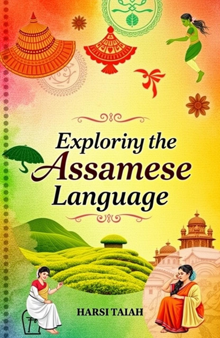 A colorful cover design for a book about the Assamese language, featuring traditional Assamese motifs like the Jaapi (traditional hat), Sattriya dance, and Assam's lush tea gardens