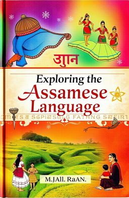 A colorful cover design for a book about the Assamese language, featuring traditional Assamese motifs like the Jaapi (traditional hat), Sattriya dance, and Assam's lush tea gardens