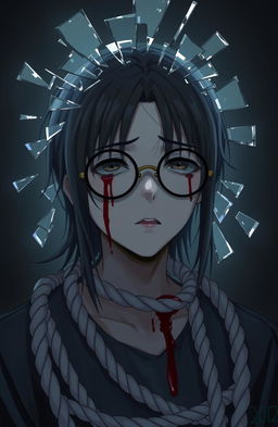 An emotional anime character with round rimless glasses, crying tears of blood