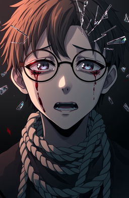 An emotional anime character with round rimless glasses, crying tears of blood