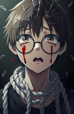 An emotional anime character with round rimless glasses, crying tears of blood