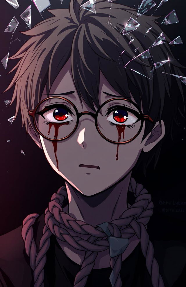 An emotional anime character with round rimless glasses, crying tears of blood