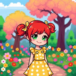 Pixel art of a cute red-headed girl with bright green eyes, wearing a stylish yellow dress with white polka dots, standing in a vibrant game-like landscape filled with colorful flowers and trees