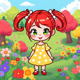 Pixel art of a cute red-headed girl with bright green eyes, wearing a stylish yellow dress with white polka dots, standing in a vibrant game-like landscape filled with colorful flowers and trees