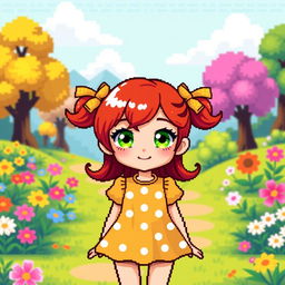 Pixel art of a cute red-headed girl with bright green eyes, wearing a stylish yellow dress with white polka dots, standing in a vibrant game-like landscape filled with colorful flowers and trees