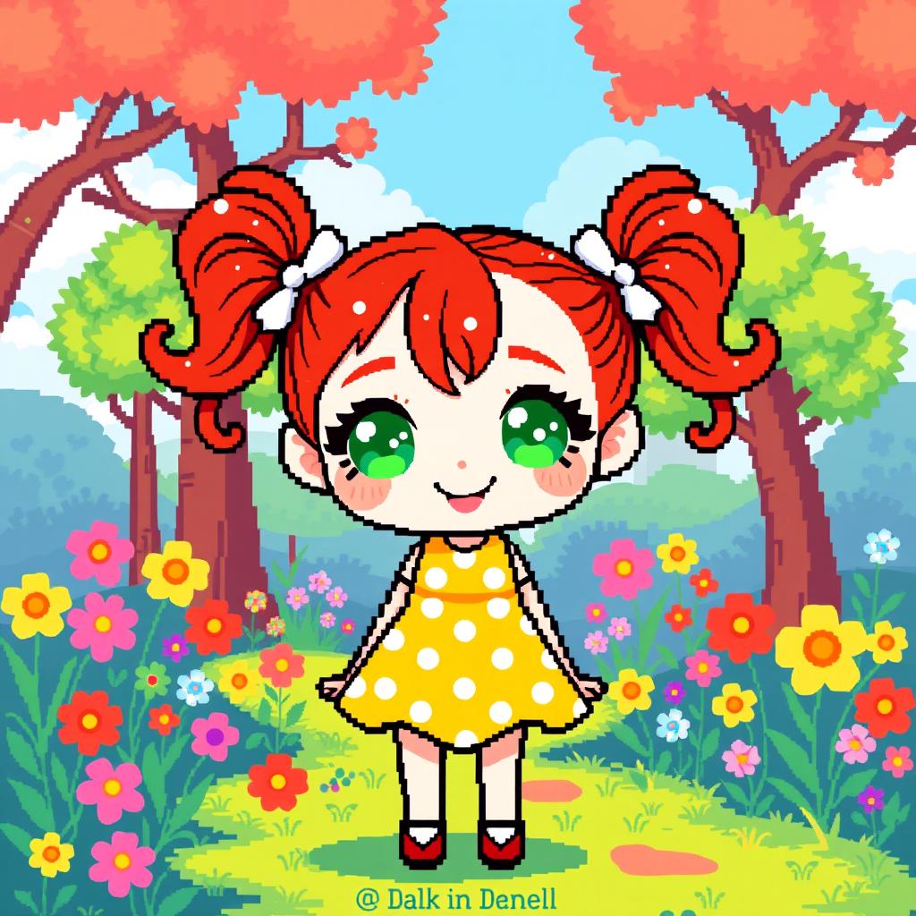 Pixel art of a cute red-headed girl with bright green eyes, wearing a stylish yellow dress with white polka dots, standing in a vibrant game-like landscape filled with colorful flowers and trees