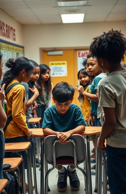 An intense scene depicting the emotional impact of bullying, featuring a classroom setting where a diverse group of students are interacting