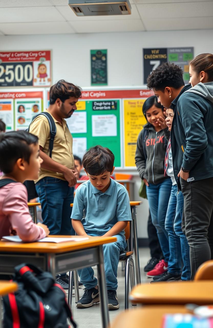 An intense scene depicting the emotional impact of bullying, featuring a classroom setting where a diverse group of students are interacting