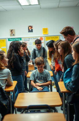 An intense scene depicting the emotional impact of bullying, featuring a classroom setting where a diverse group of students are interacting