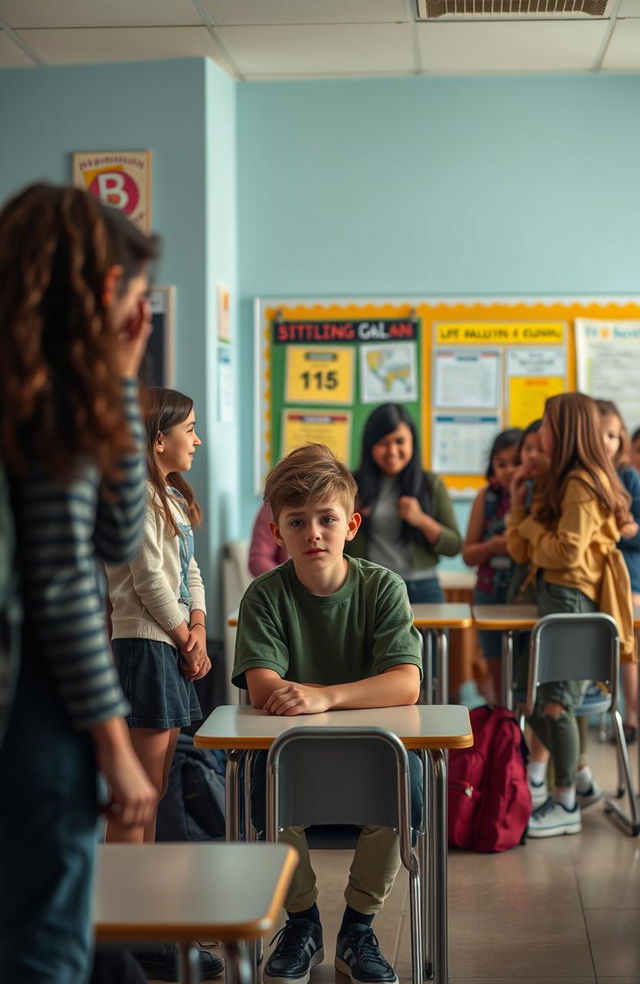 An intense scene depicting the emotional impact of bullying, featuring a classroom setting where a diverse group of students are interacting